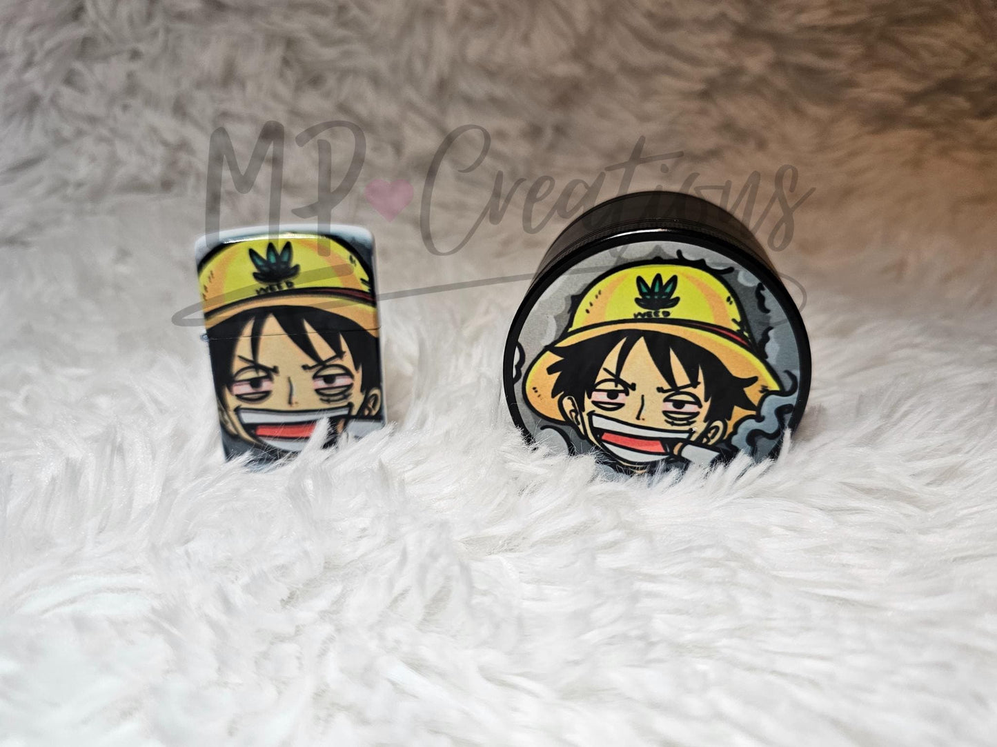One Piece Luffy Grinder and Zippo Lighter set featuring Luffy's playful design, perfect for fans and collectors alike.